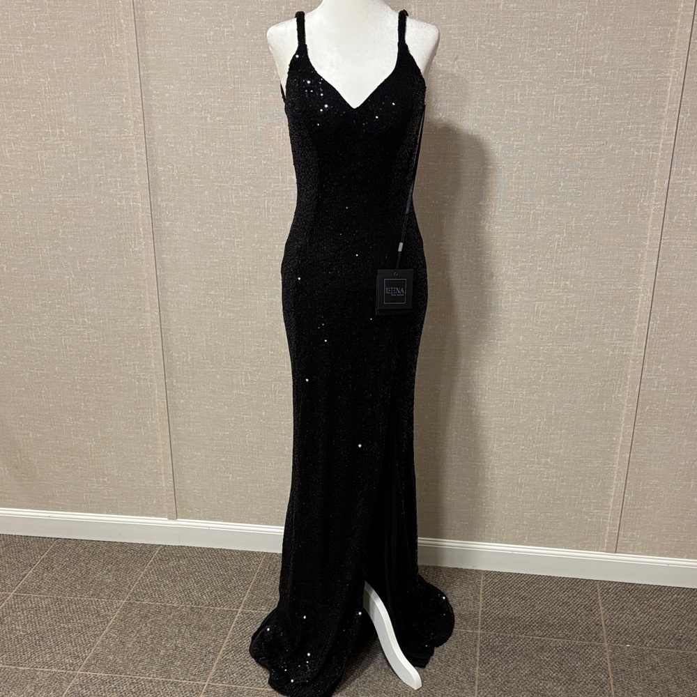 Sequin Slip Maxi Dress in Black by Mac Duggal with slit